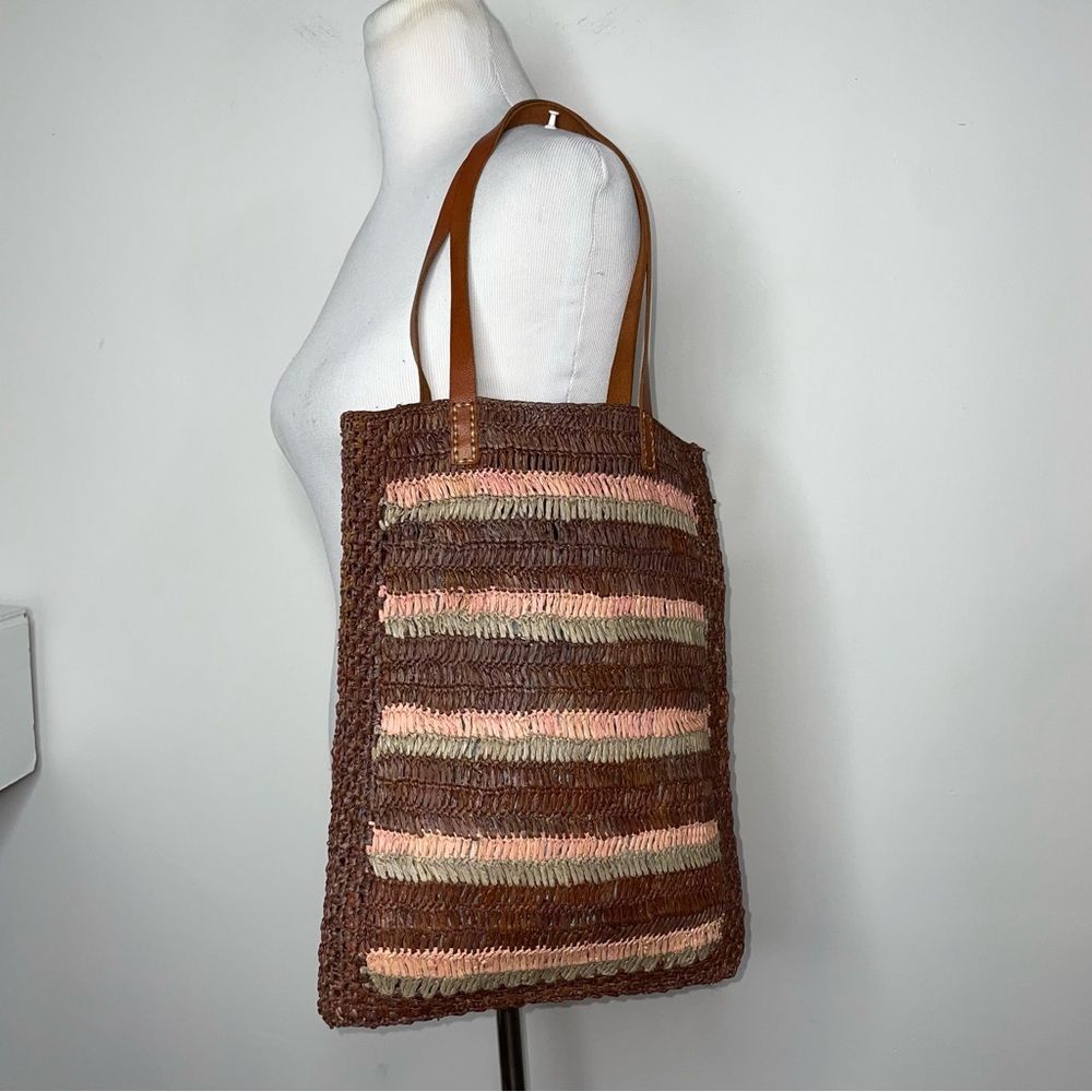 Handmade Raffia Crochet Multicolor Small Tote Bag Leather Handle Lightweight